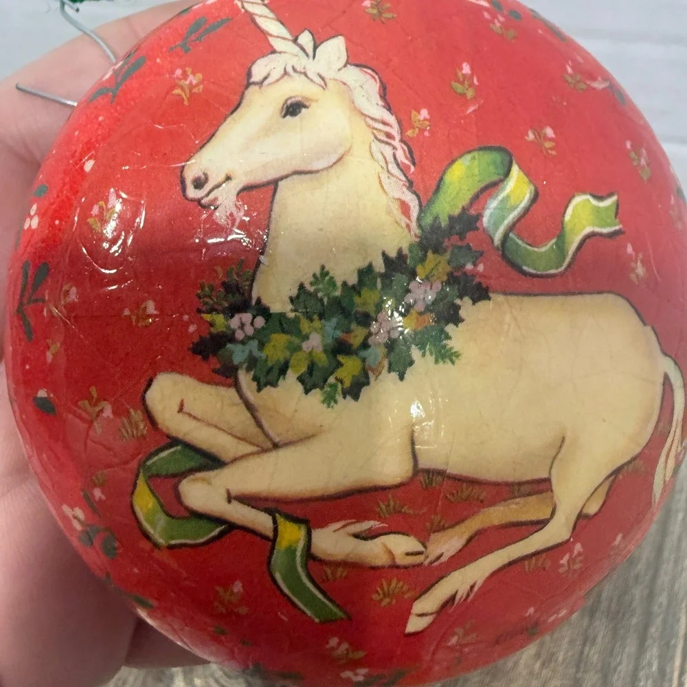 Vintage 1982 Reflections Barry Patch Unicorn Decoupage Christmas Ornament Red 3